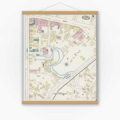 Old map wall art mockup — magnetic wood frame on white wall — Sanborn Fire Insurance Map from Taunton, Bristol County, Massachusetts (1888), Sheet #0003