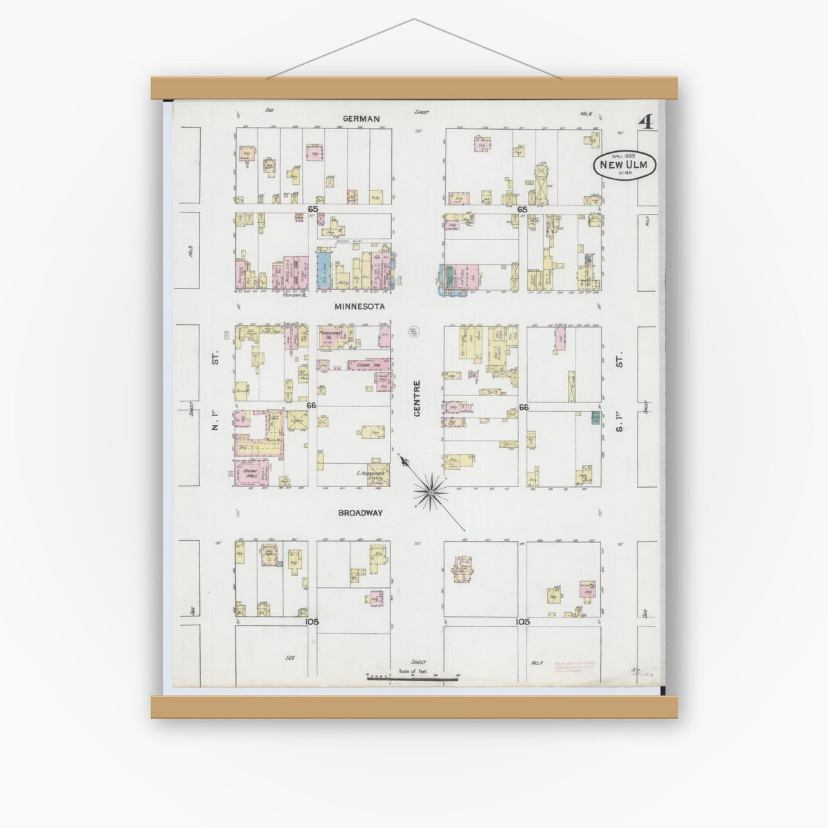 Old map wall art mockup — magnetic wood frame on white wall — Sanborn Fire Insurance Map from New Ulm, Brown County, Minnesota (1889), Sheet #0004