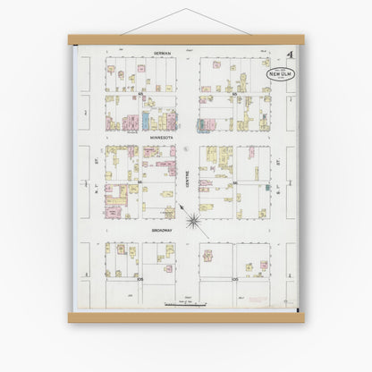 Old map wall art mockup — magnetic wood frame on white wall — Sanborn Fire Insurance Map from New Ulm, Brown County, Minnesota (1889), Sheet #0004