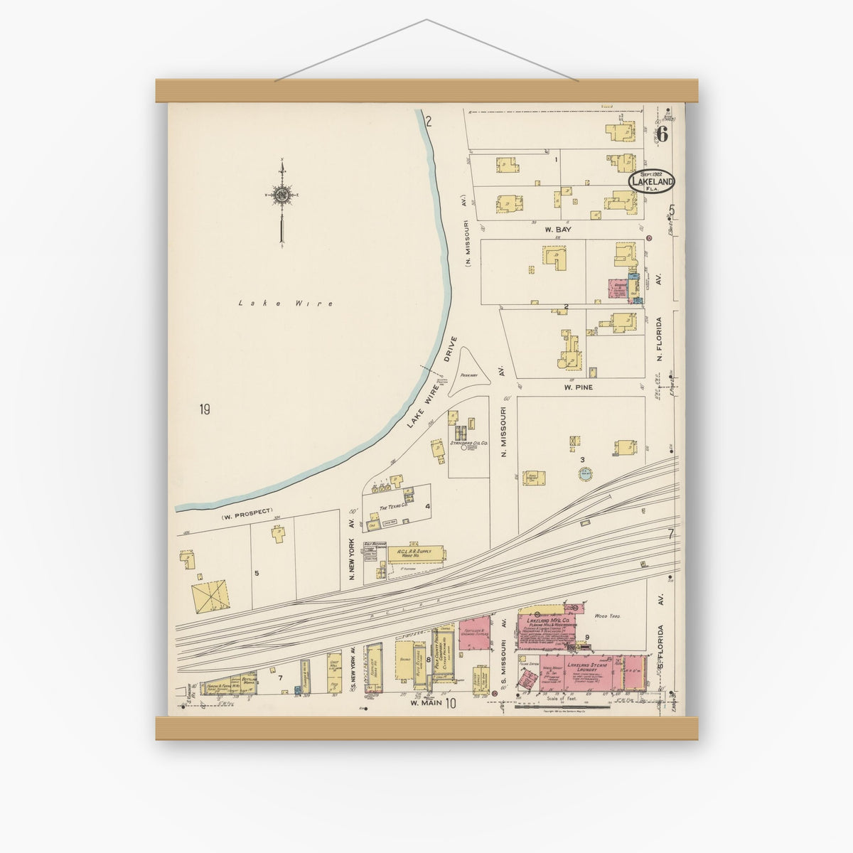 Old map wall art mockup — magnetic wood frame on white wall — Sanborn Fire Insurance Map from Lakeland, Polk County, Florida (1922), Sheet #0006