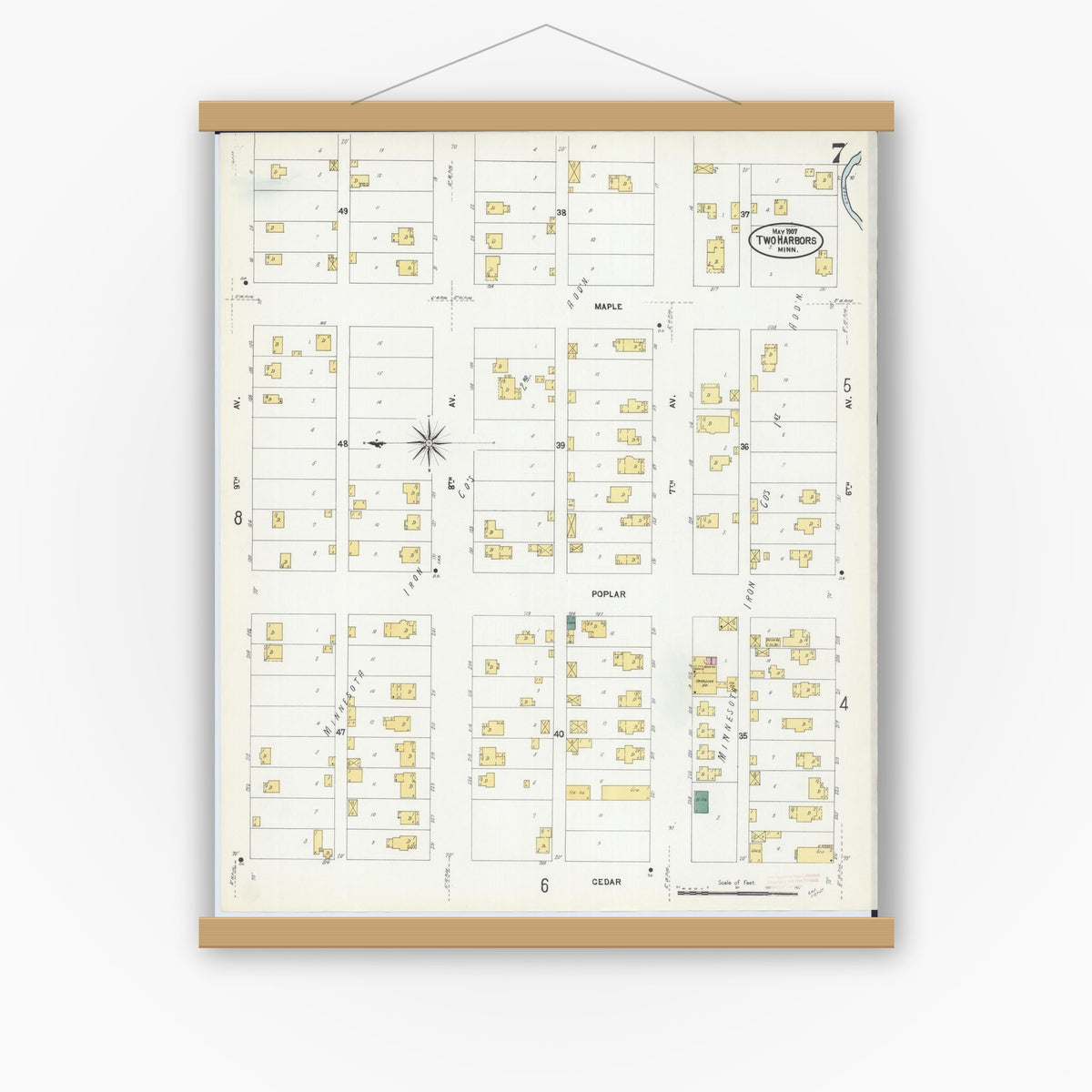 Old map wall art mockup — magnetic wood frame on white wall — Sanborn Fire Insurance Map from Two Harbors, Lake County, Minnesota (1907), Sheet #0007