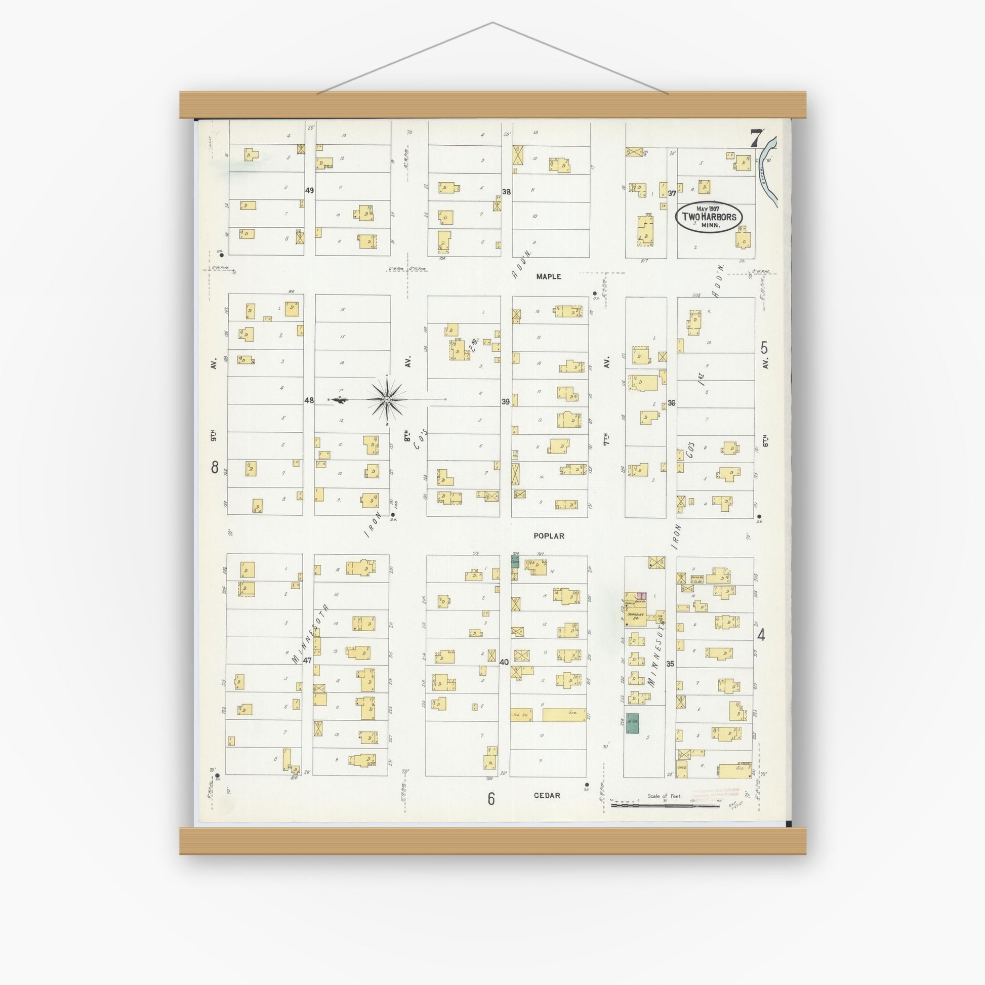 Old map wall art mockup — magnetic wood frame on white wall — Sanborn Fire Insurance Map from Two Harbors, Lake County, Minnesota (1907), Sheet #0007
