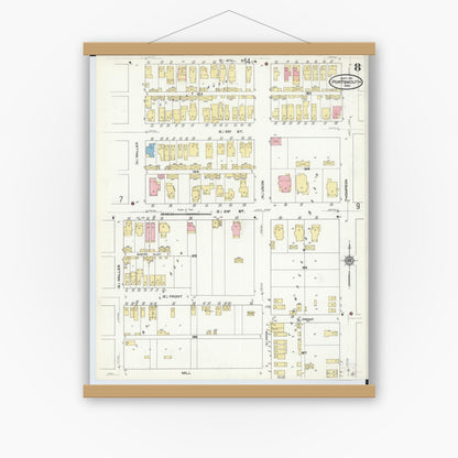 Old map wall art mockup — magnetic wood frame on white wall — Sanborn Fire Insurance Map from Portsmouth, Scioto County, Ohio (1911), Sheet #0008