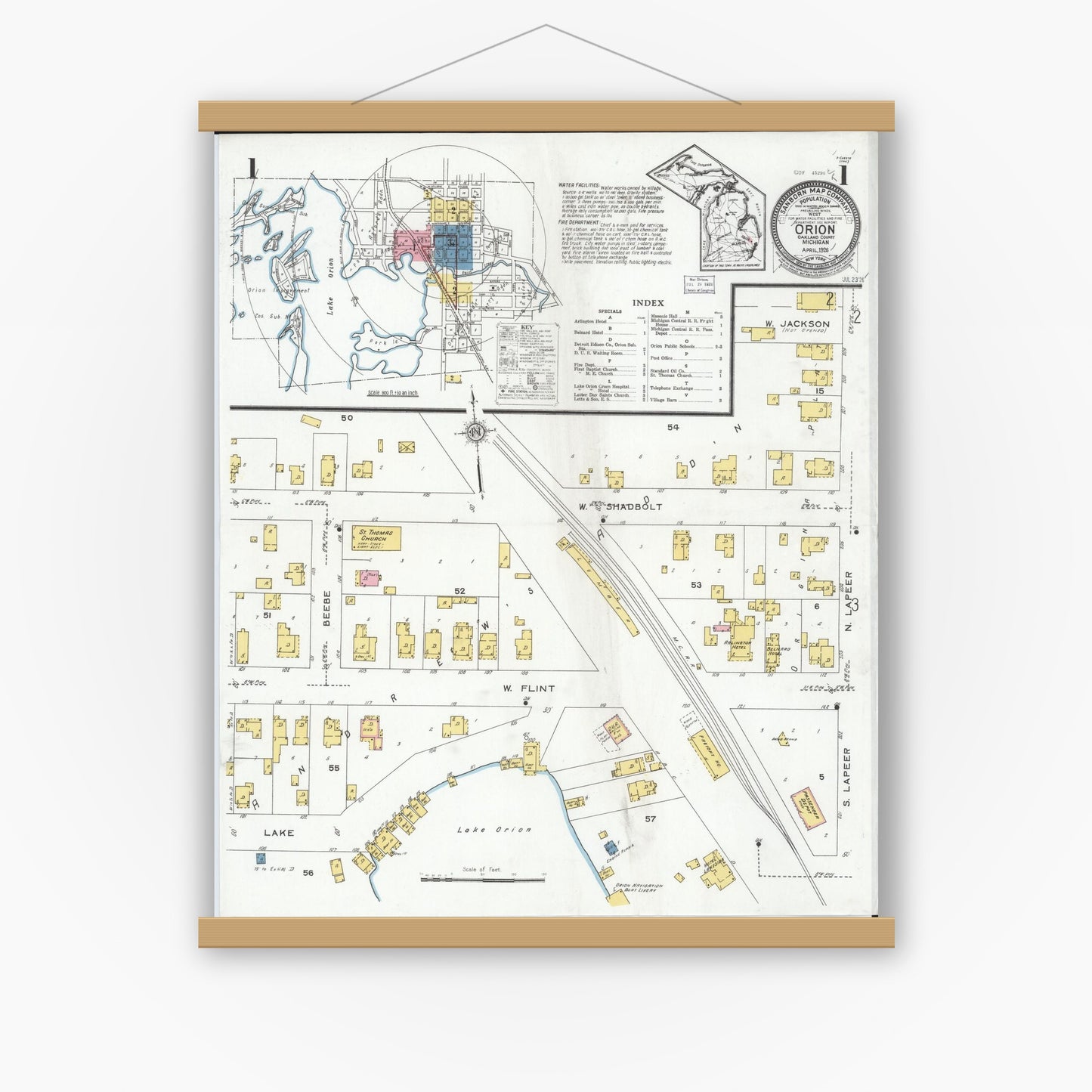 Old map wall art mockup — magnetic wood frame on white wall — Sanborn Fire Insurance Map from Orion, Oakland County, Michigan (1926) - Complete Map Set