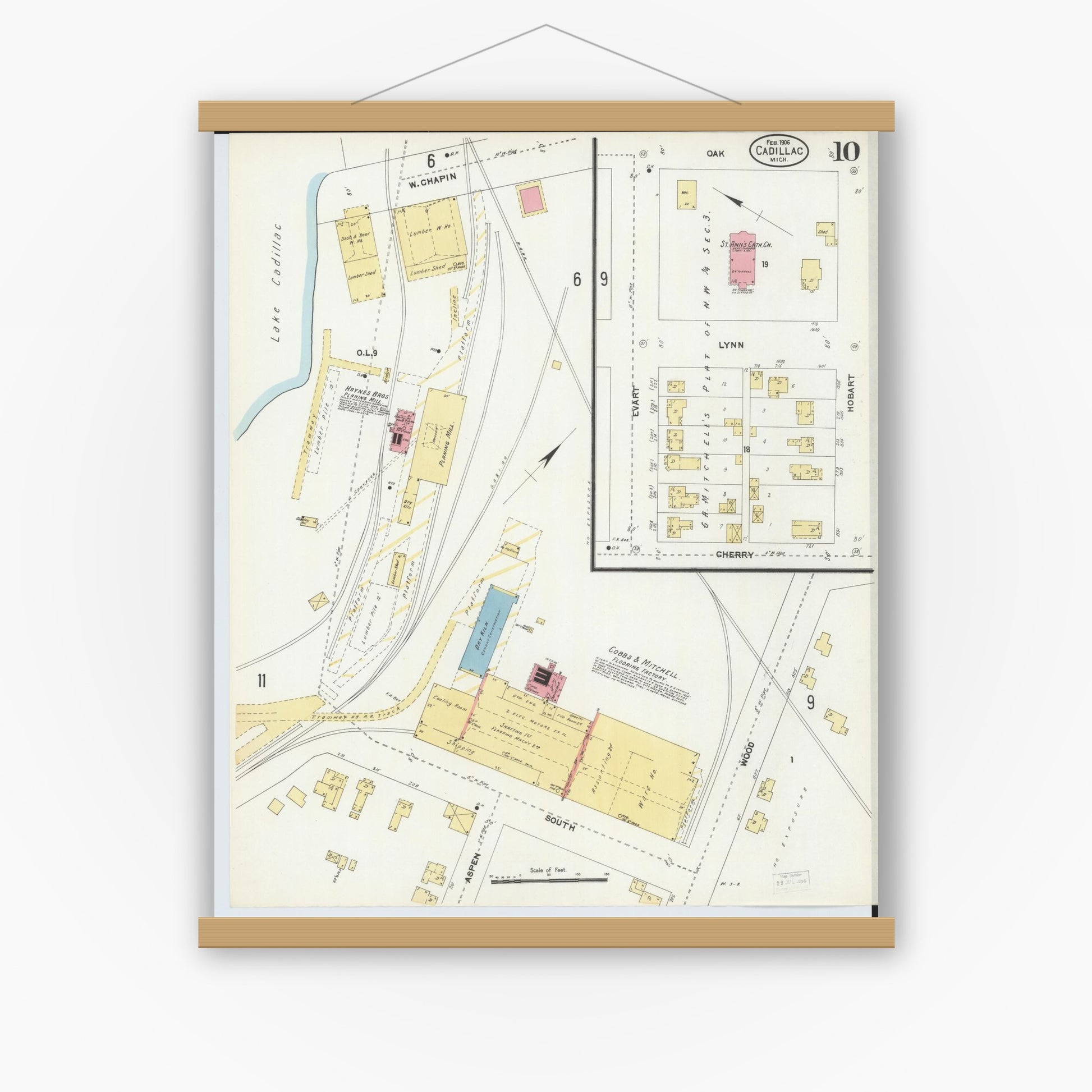 Old map wall art mockup — magnetic wood frame on white wall — Sanborn Fire Insurance Map from Cadillac, Wexford County, Michigan (1906), Sheet #0010