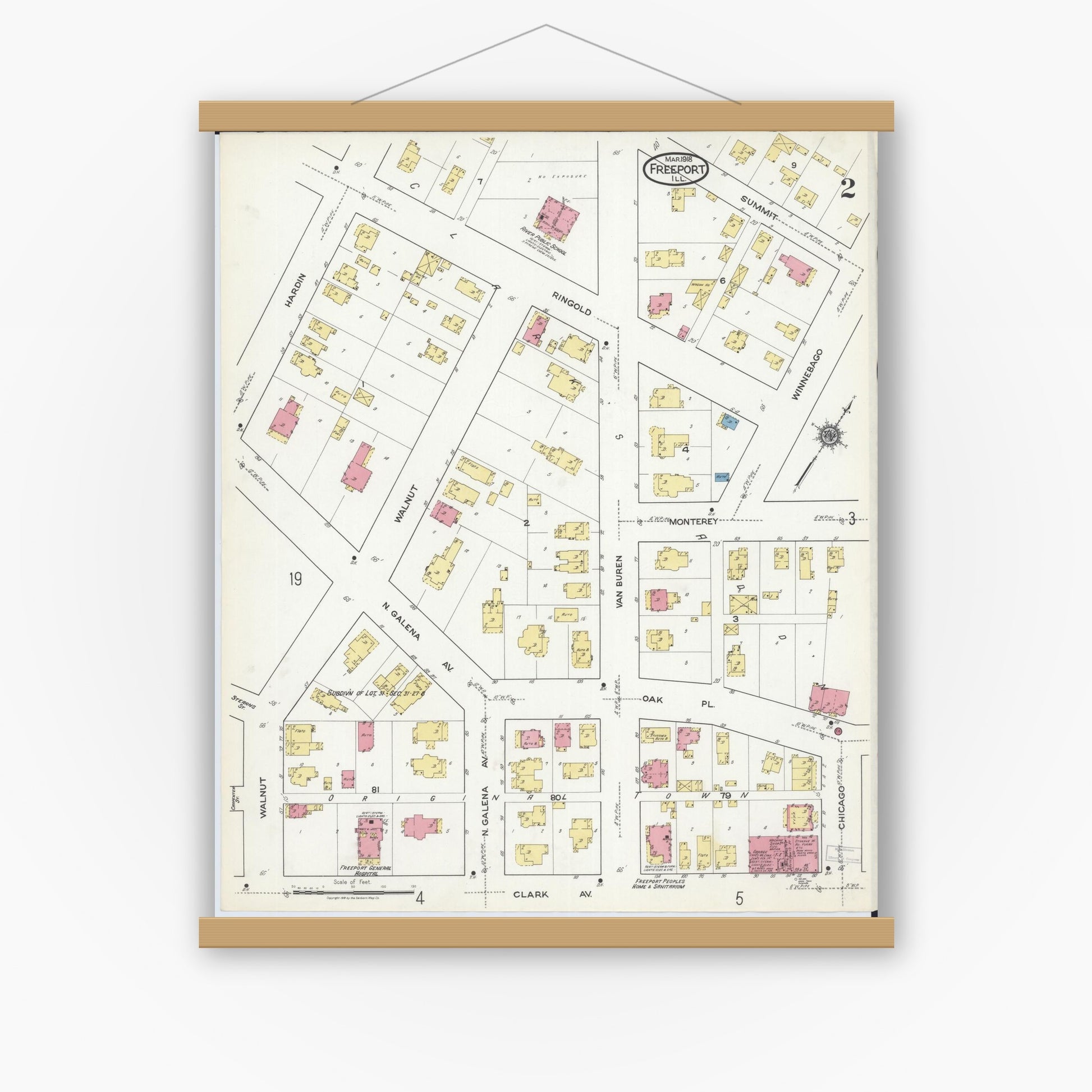 Old map wall art mockup — magnetic wood frame on white wall — Sanborn Fire Insurance Map from Freeport, Stephenson County, Illinois (1918), Sheet #0002