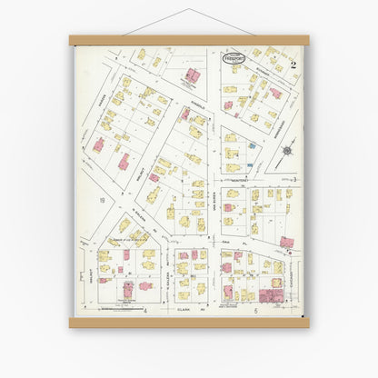 Old map wall art mockup — magnetic wood frame on white wall — Sanborn Fire Insurance Map from Freeport, Stephenson County, Illinois (1918), Sheet #0002