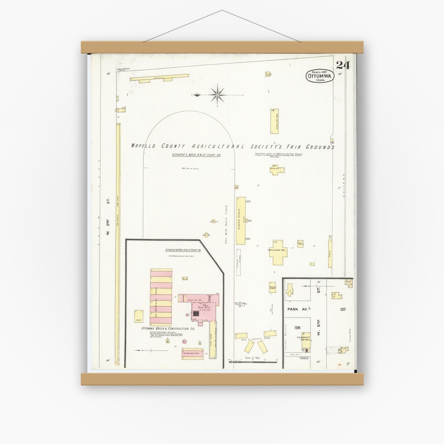 Old map wall art mockup — magnetic wood frame on white wall — Sanborn Fire Insurance Map from Ottumwa, Wapello County, Iowa (1897), Sheet #0024