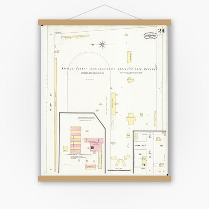 Old map wall art mockup — magnetic wood frame on white wall — Sanborn Fire Insurance Map from Ottumwa, Wapello County, Iowa (1897), Sheet #0024