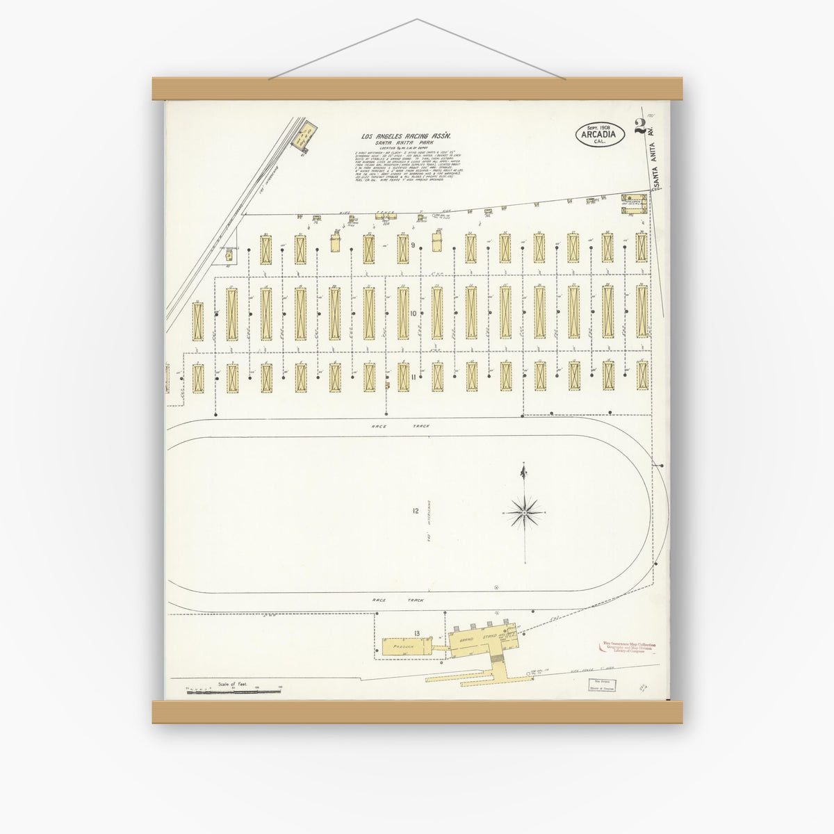 Old map wall art mockup — magnetic wood frame on white wall — Sanborn Fire Insurance Map from Arcadia, Los Angeles County, California (1908), Sheet #0002