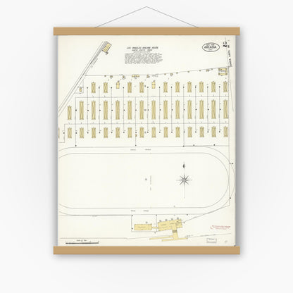 Old map wall art mockup — magnetic wood frame on white wall — Sanborn Fire Insurance Map from Arcadia, Los Angeles County, California (1908), Sheet #0002