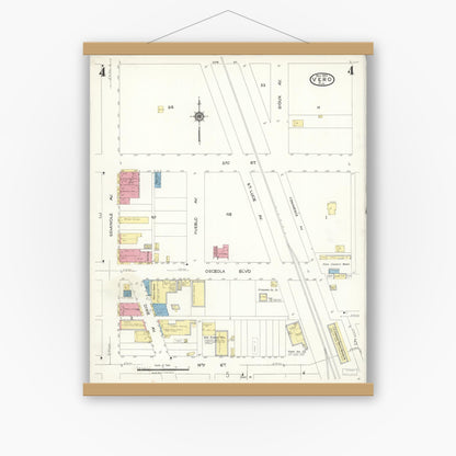 Old map wall art mockup — magnetic wood frame on white wall — Sanborn Fire Insurance Map from Vero Beach, Indian River County, Florida (1923), Sheet #0004