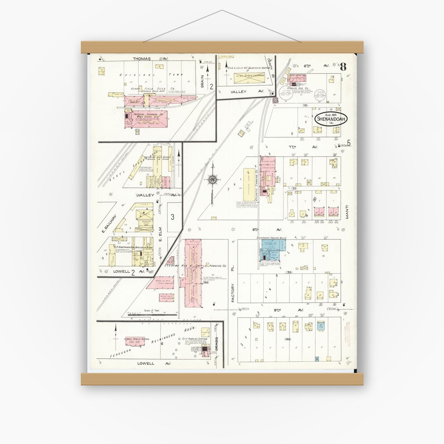 Old map wall art mockup — magnetic wood frame on white wall — Sanborn Fire Insurance Map from Shenandoah, Page County, Iowa (1914), Sheet #0008