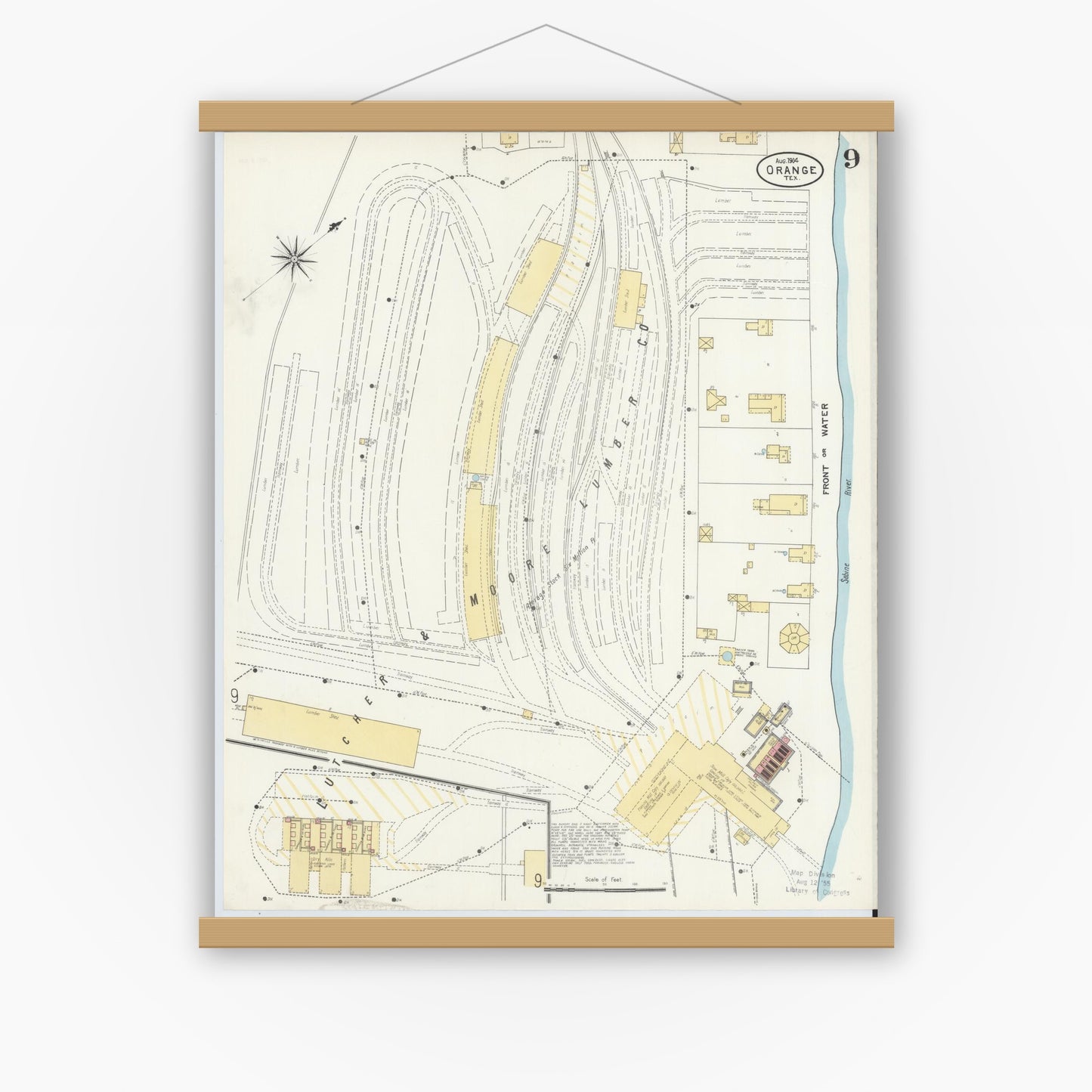 Old map wall art mockup — magnetic wood frame on white wall — Sanborn Fire Insurance Map from Orange, Orange County, Texas (1904), Sheet #0009