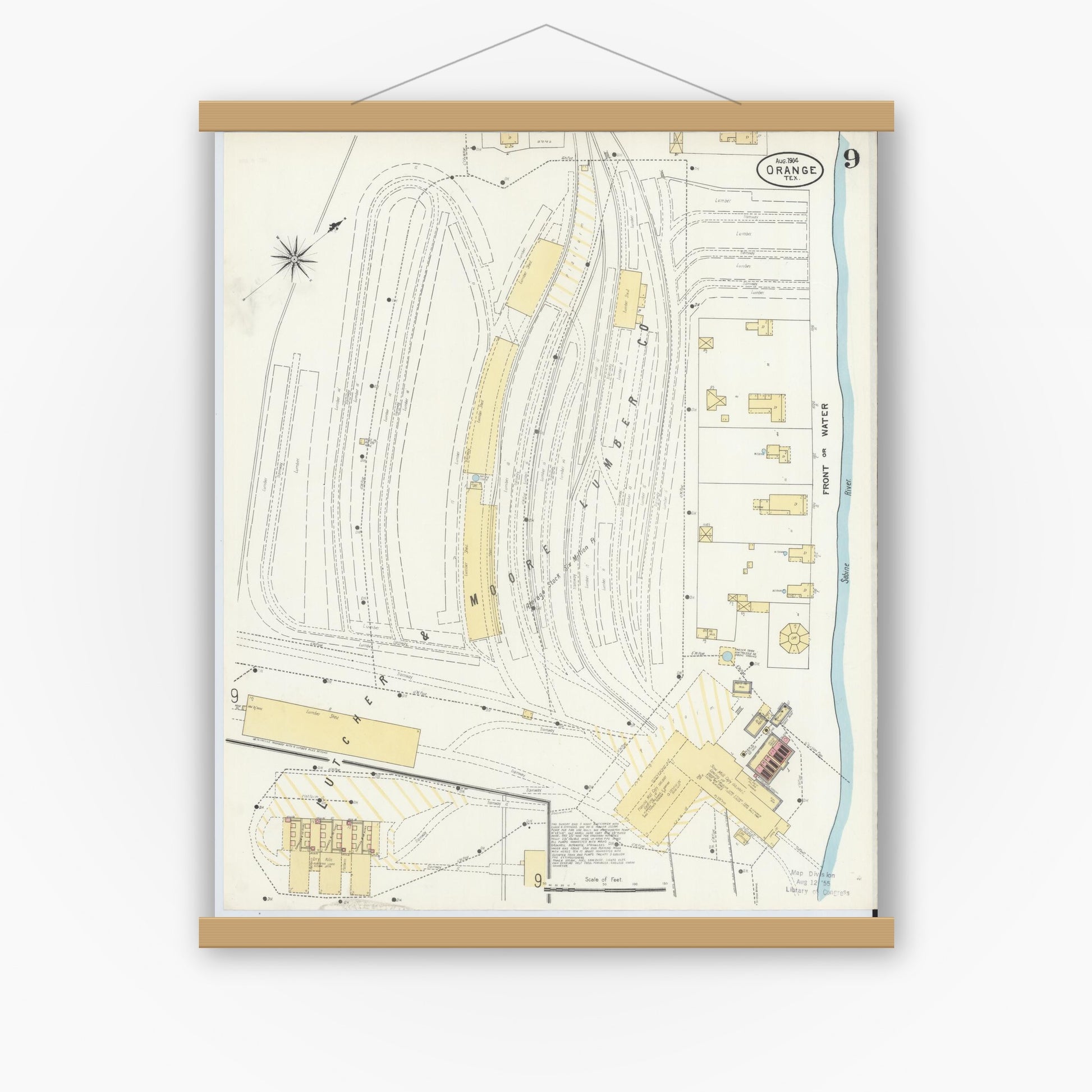 Old map wall art mockup — magnetic wood frame on white wall — Sanborn Fire Insurance Map from Orange, Orange County, Texas (1904), Sheet #0009