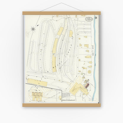 Old map wall art mockup — magnetic wood frame on white wall — Sanborn Fire Insurance Map from Orange, Orange County, Texas (1904), Sheet #0009