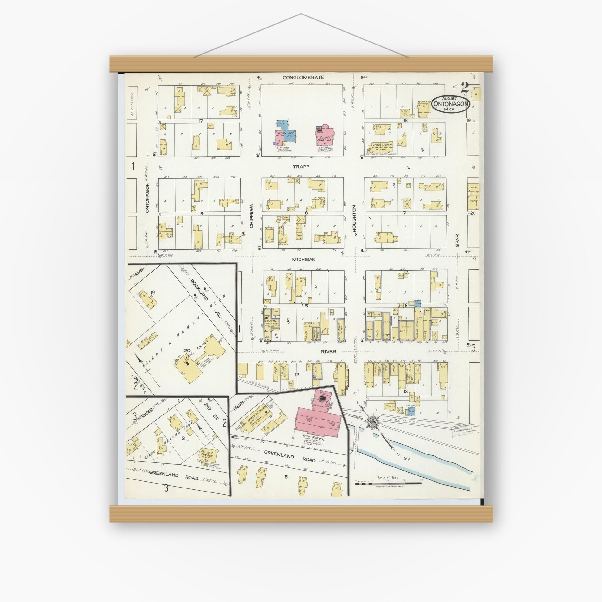 Old map wall art mockup — magnetic wood frame on white wall — Sanborn Fire Insurance Map from Ontonagon, Ontonagon County, Michigan (1917), Sheet #0002
