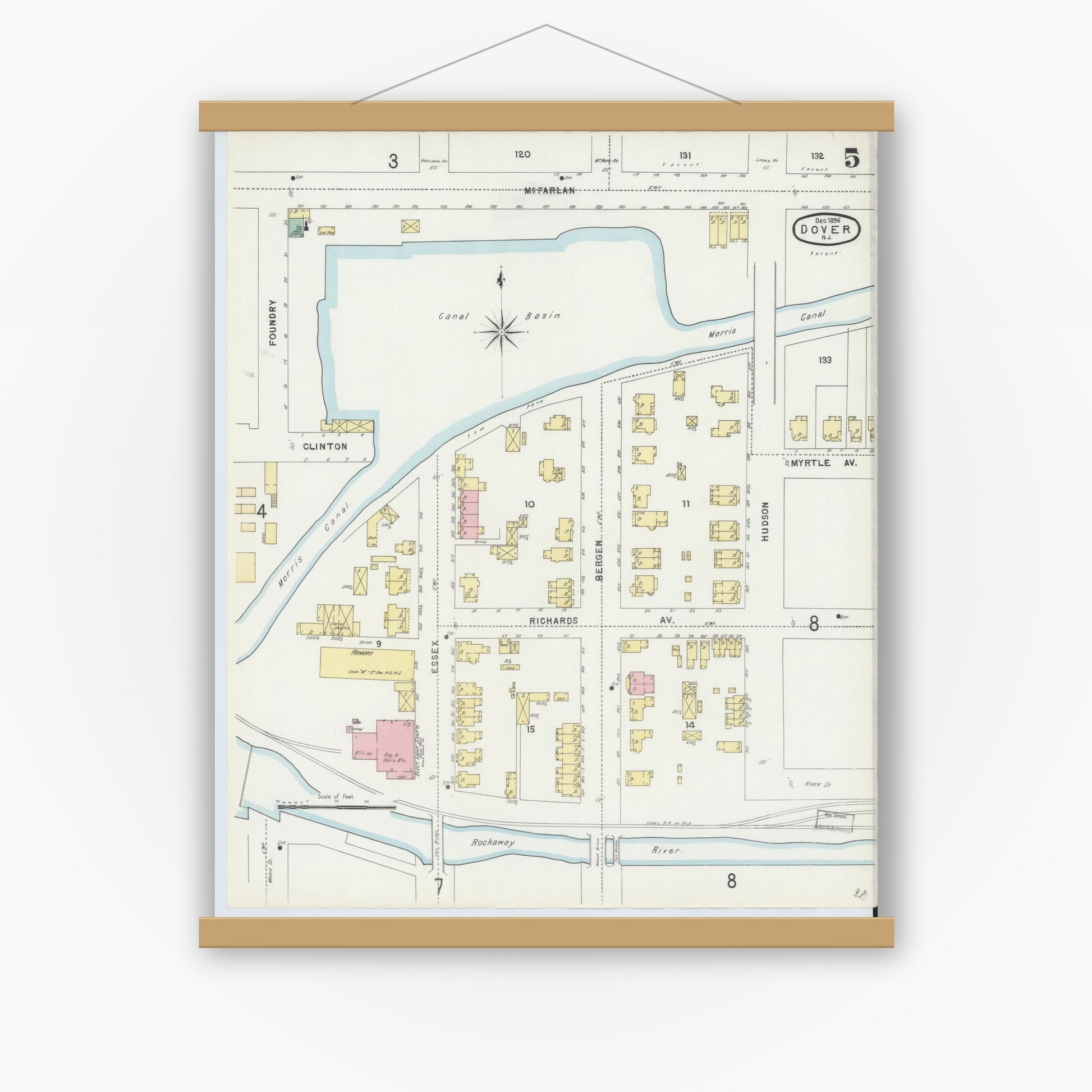 Old map wall art mockup — magnetic wood frame on white wall — Sanborn Fire Insurance Map from Dover, Morris County, New Jersey (1896), Sheet #0005