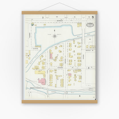 Old map wall art mockup — magnetic wood frame on white wall — Sanborn Fire Insurance Map from Dover, Morris County, New Jersey (1896), Sheet #0005