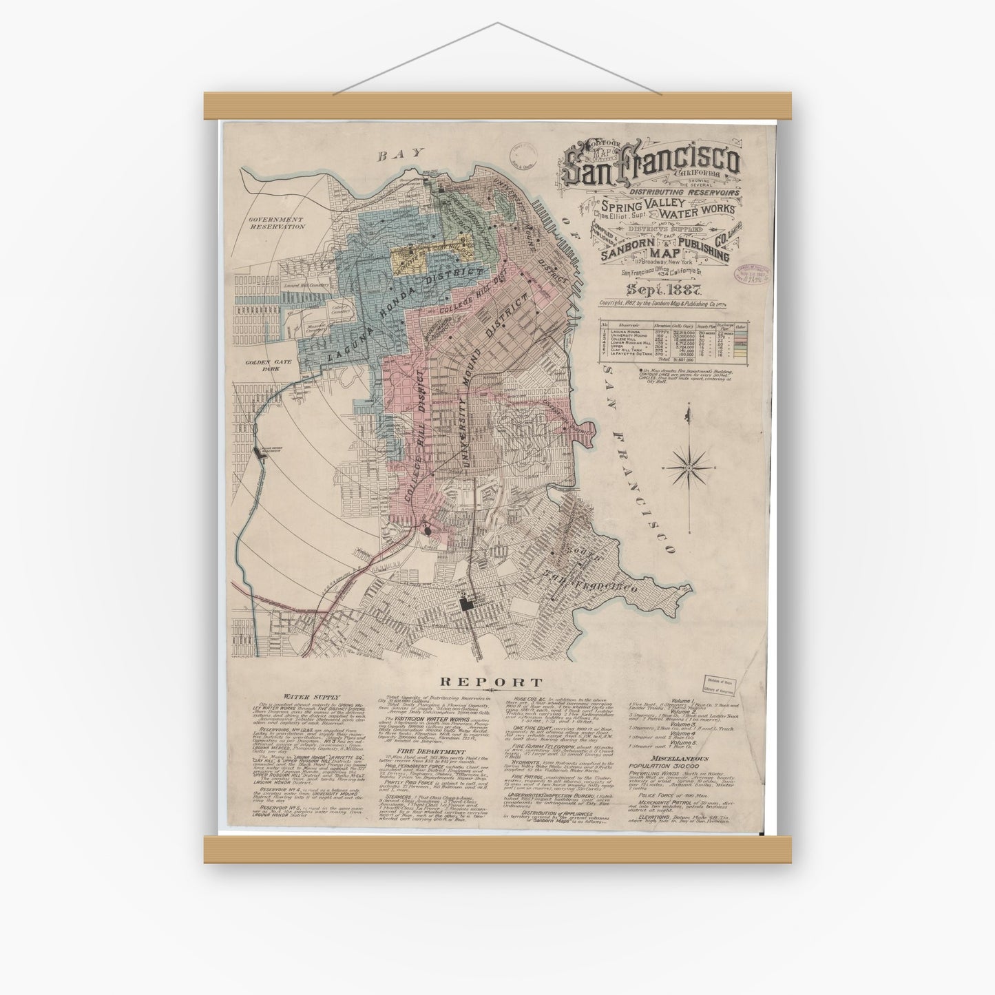 Old map wall art mockup — magnetic wood frame on white wall — Sanborn Fire Insurance Map from San Francisco, San Francisco County, California (1887) - Complete Map Set