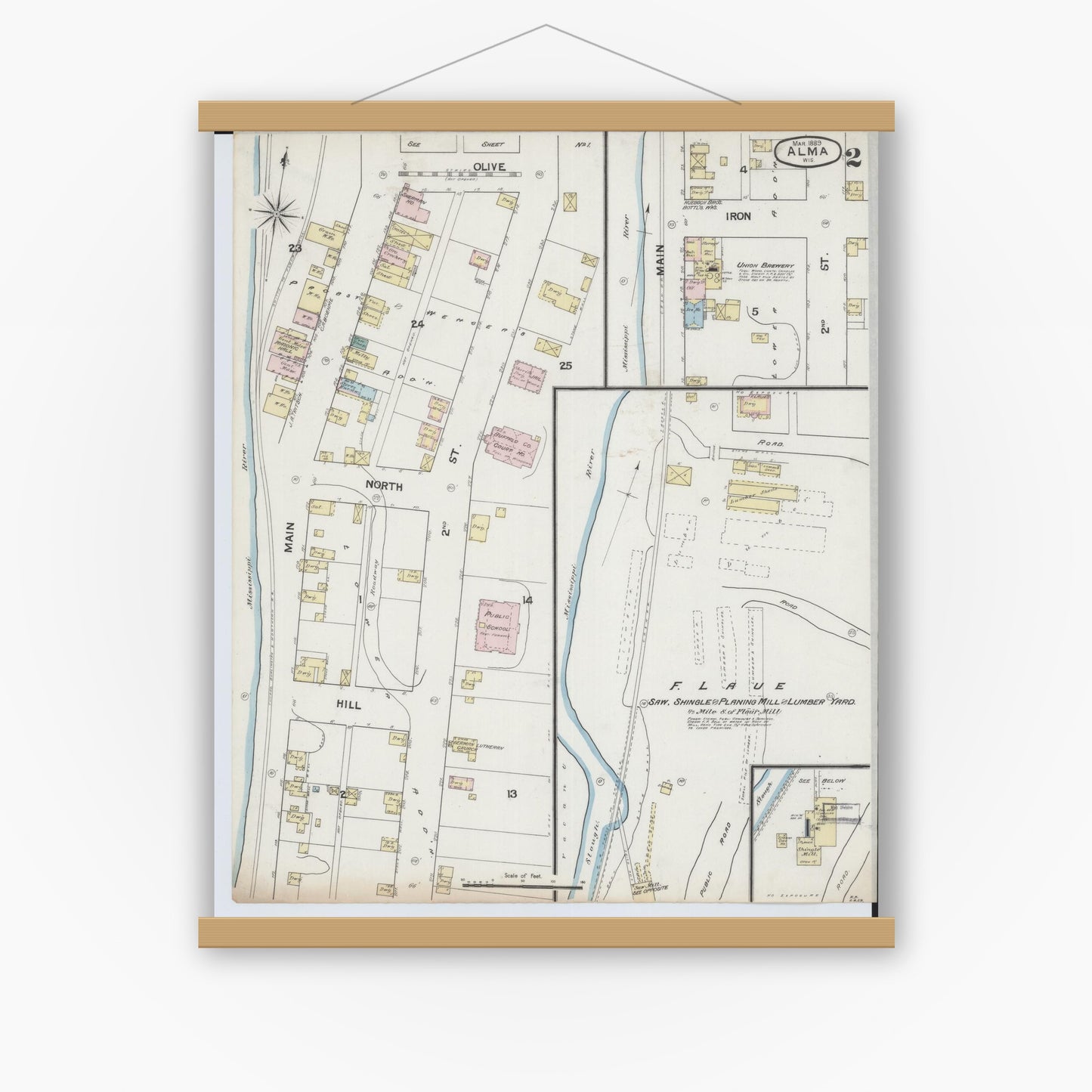 Old map wall art mockup — magnetic wood frame on white wall — Sanborn Fire Insurance Map from Alma, Buffalo County, Wisconsin (1889), Sheet #0002