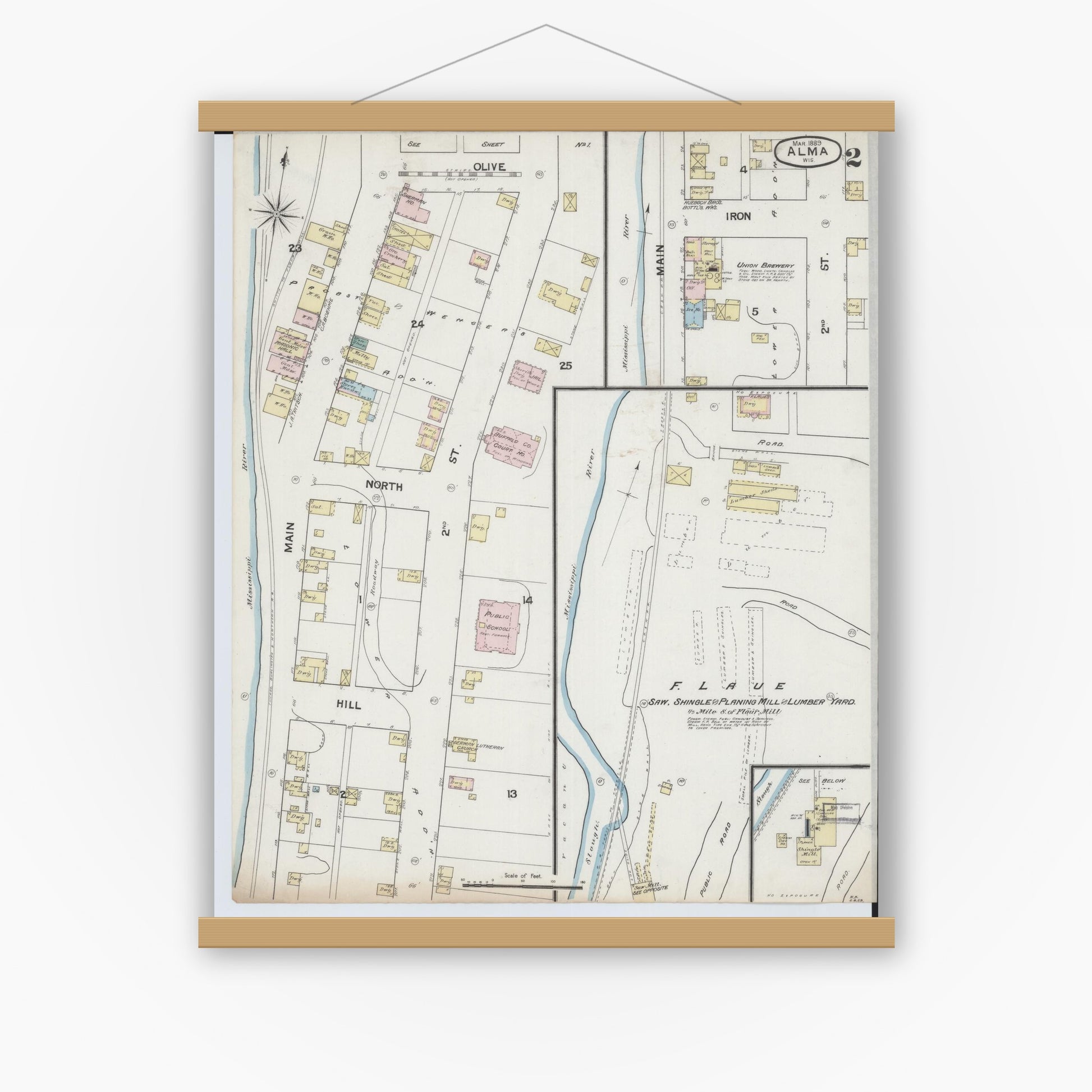 Old map wall art mockup — magnetic wood frame on white wall — Sanborn Fire Insurance Map from Alma, Buffalo County, Wisconsin (1889), Sheet #0002