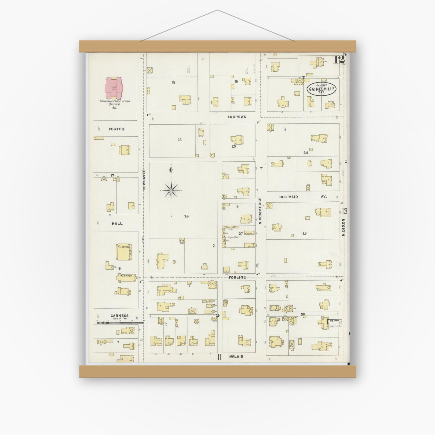 Old map wall art mockup — magnetic wood frame on white wall — Sanborn Fire Insurance Map from Gainesville, Cooke County, Texas (1897), Sheet #0012