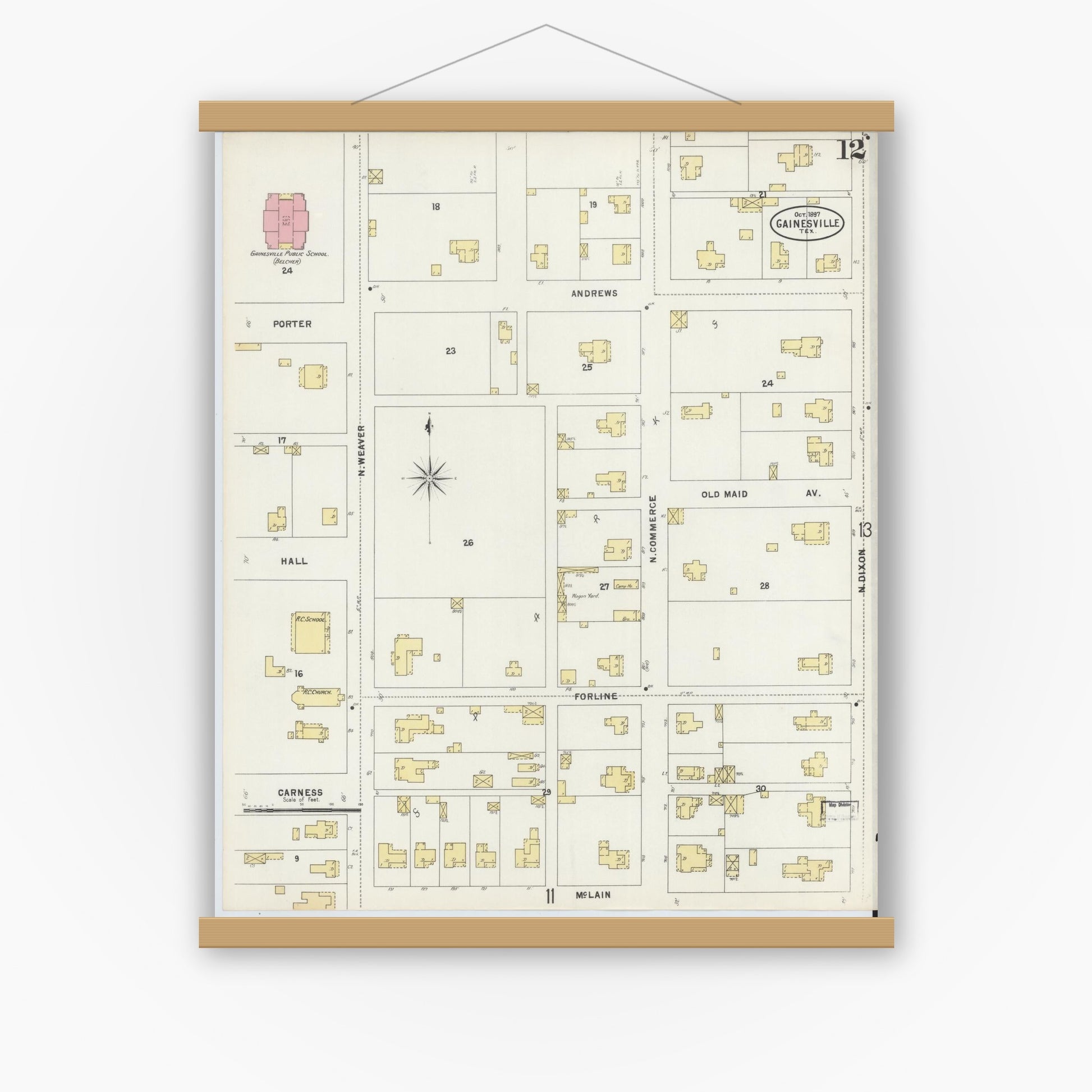 Old map wall art mockup — magnetic wood frame on white wall — Sanborn Fire Insurance Map from Gainesville, Cooke County, Texas (1897), Sheet #0012