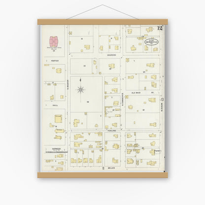 Old map wall art mockup — magnetic wood frame on white wall — Sanborn Fire Insurance Map from Gainesville, Cooke County, Texas (1897), Sheet #0012
