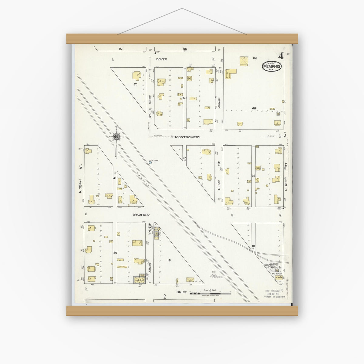 Old map wall art mockup — magnetic wood frame on white wall — Sanborn Fire Insurance Map from Memphis, Hall County, Texas (1920), Sheet #0004