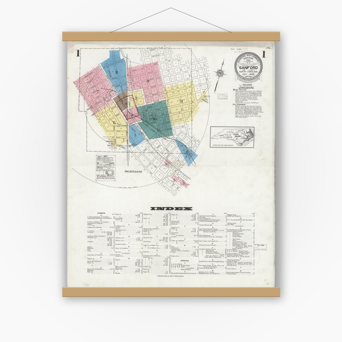 Old map wall art mockup — magnetic wood frame on white wall — Sanborn Fire Insurance Map from Sanford, Lee County, North Carolina (1925) - Complete Map Set