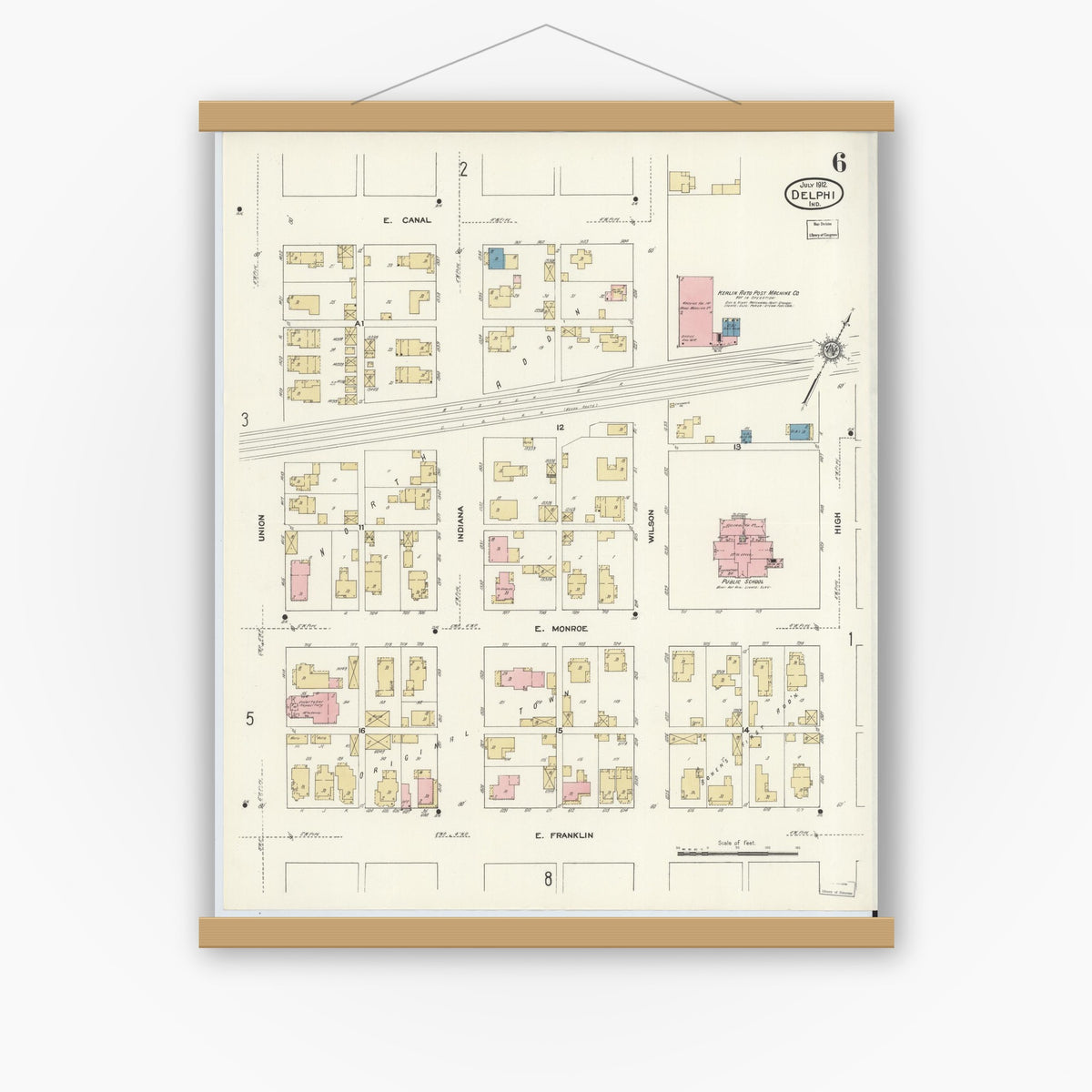 Old map wall art mockup — magnetic wood frame on white wall — Sanborn Fire Insurance Map from Delphi, Carroll County, Indiana (1912), Sheet #0006