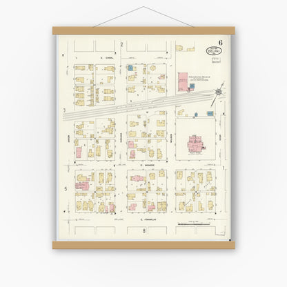 Old map wall art mockup — magnetic wood frame on white wall — Sanborn Fire Insurance Map from Delphi, Carroll County, Indiana (1912), Sheet #0006