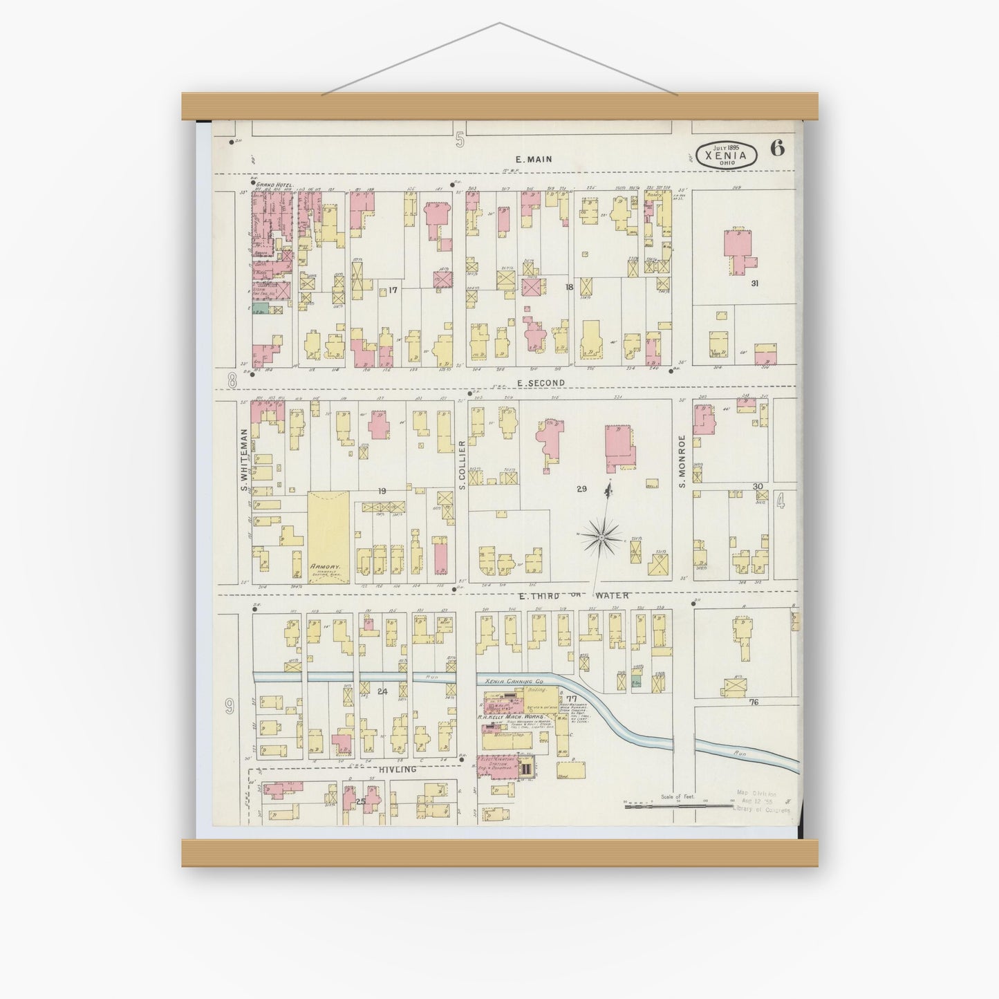 Old map wall art mockup — magnetic wood frame on white wall — Sanborn Fire Insurance Map from Xenia, Greene County, Ohio (1895), Sheet #0006