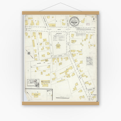 Old map wall art mockup — magnetic wood frame on white wall — Sanborn Fire Insurance Map from Bedford, Middlesex County, Massachusetts (1916) - Complete Map Set