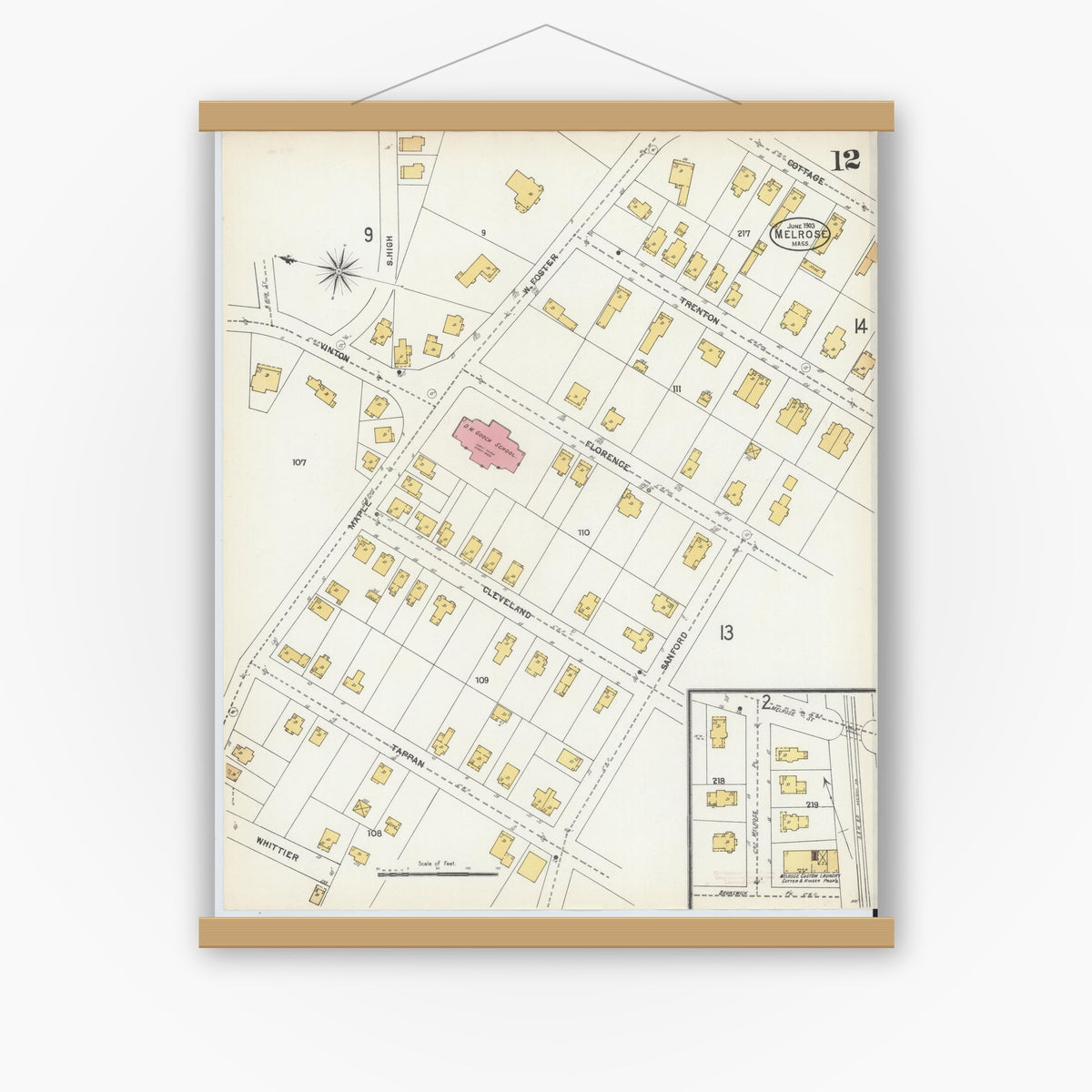 Old map wall art mockup — magnetic wood frame on white wall — Sanborn Fire Insurance Map from Melrose, Middlesex County, Massachusetts (1903), Sheet #0012