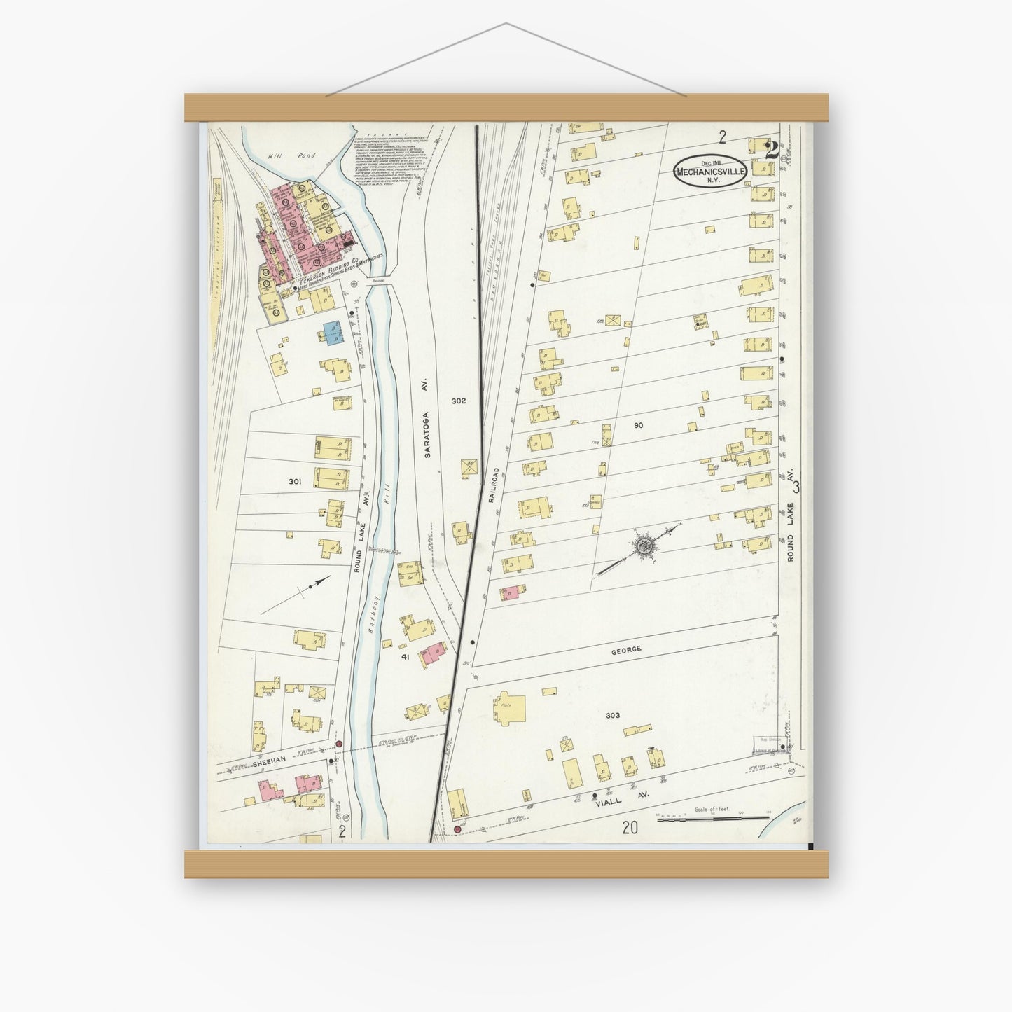 Old map wall art mockup — magnetic wood frame on white wall — Sanborn Fire Insurance Map from Mechanicville, Saratoga County, New York (1911), Sheet #0002