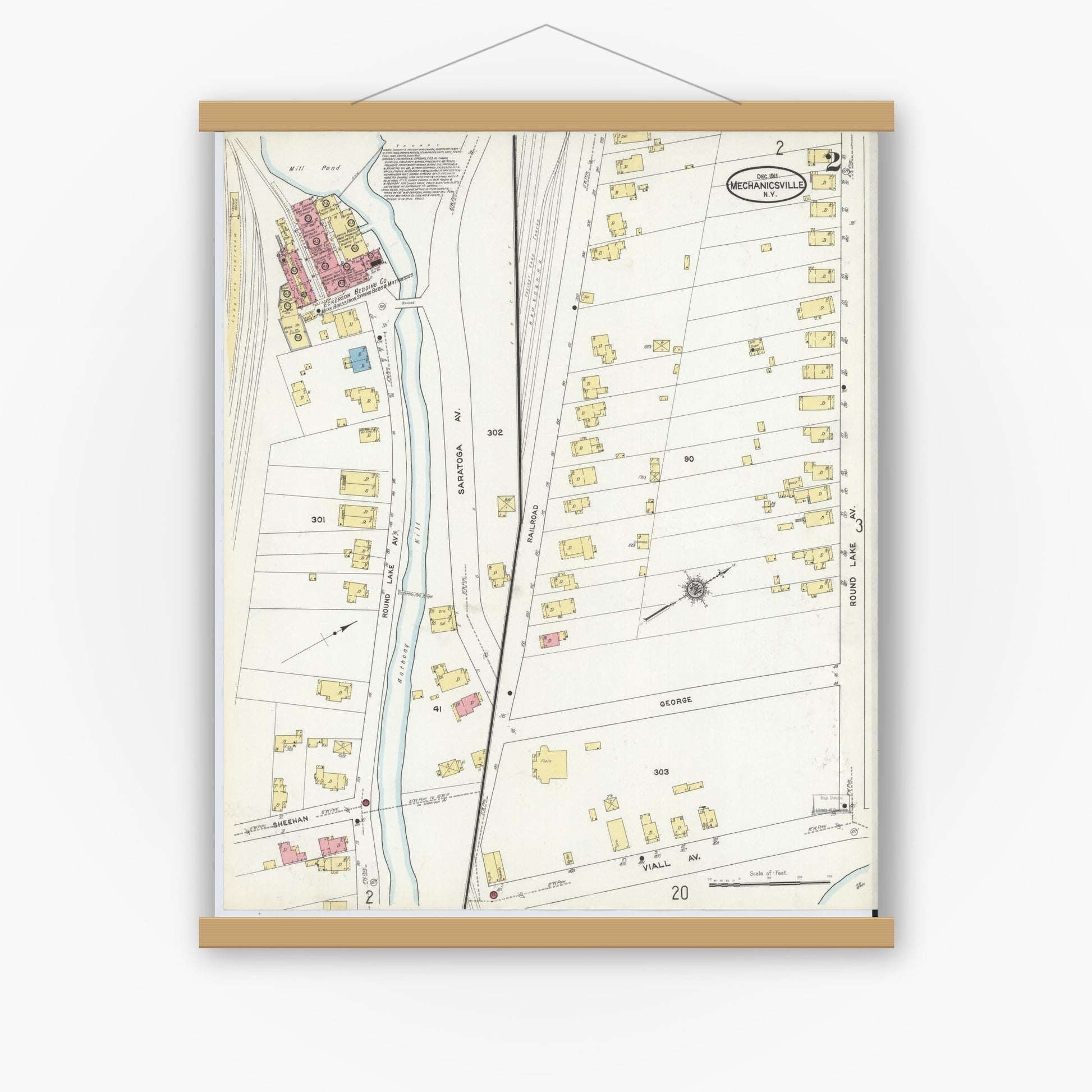 Old map wall art mockup — magnetic wood frame on white wall — Sanborn Fire Insurance Map from Mechanicville, Saratoga County, New York (1911), Sheet #0002