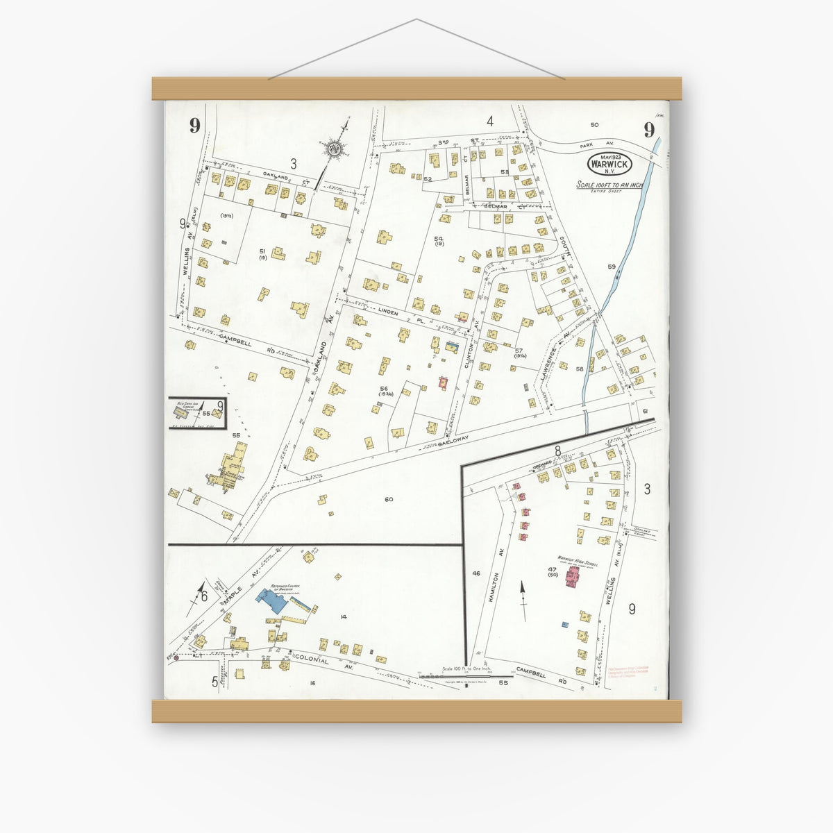 Old map wall art mockup — magnetic wood frame on white wall — Sanborn Fire Insurance Map from Warwick, Orange County, New York (1923), Sheet #0009