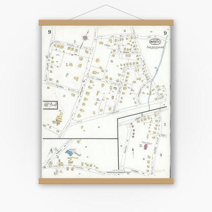 Old map wall art mockup — magnetic wood frame on white wall — Sanborn Fire Insurance Map from Warwick, Orange County, New York (1923), Sheet #0009