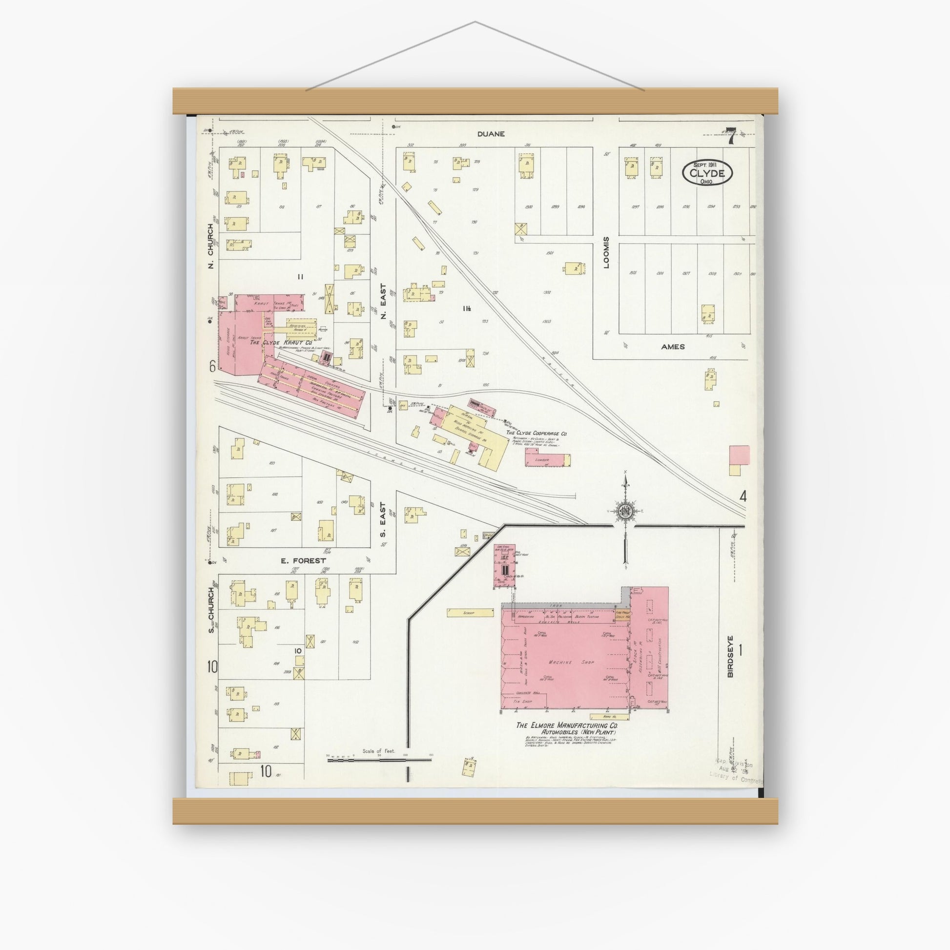 Old map wall art mockup — magnetic wood frame on white wall — Sanborn Fire Insurance Map from Clyde, Sandusky County, Ohio (1911), Sheet #0007