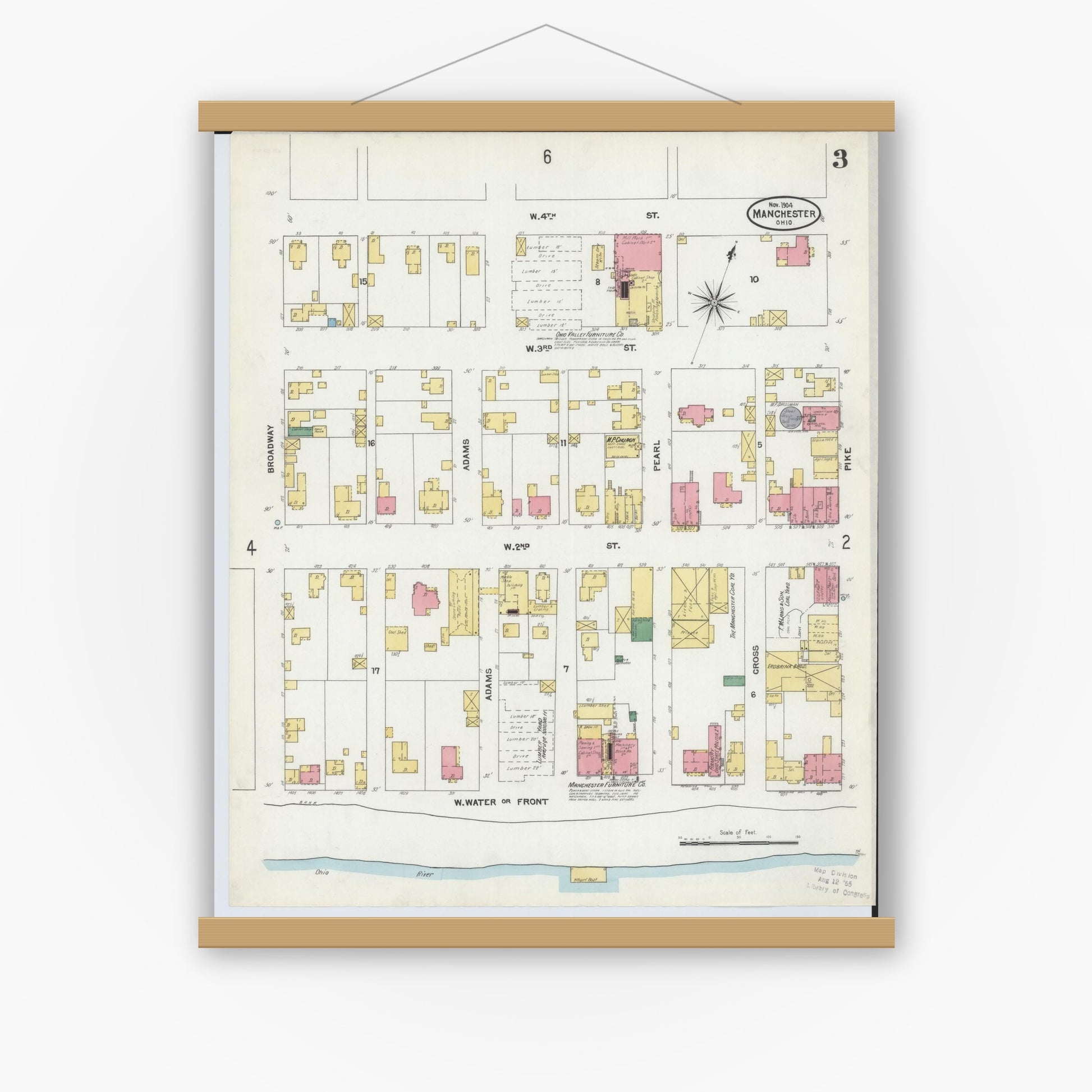 Old map wall art mockup — magnetic wood frame on white wall — Sanborn Fire Insurance Map from Manchester, Adams County, Ohio (1904), Sheet #0003