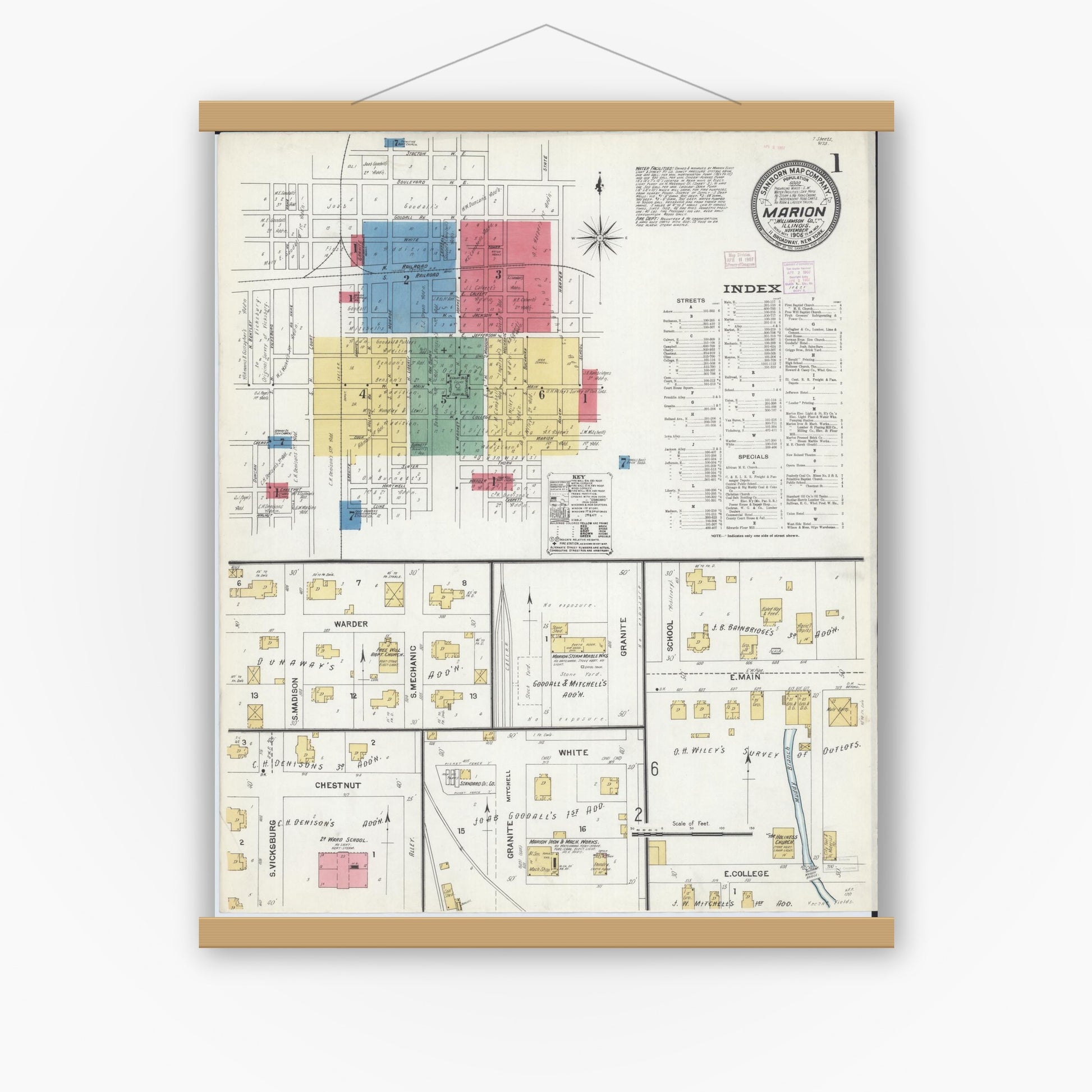 Old map wall art mockup — magnetic wood frame on white wall — Sanborn Fire Insurance Map from Marion, Williamson County, Illinois (1906) - Complete Map Set