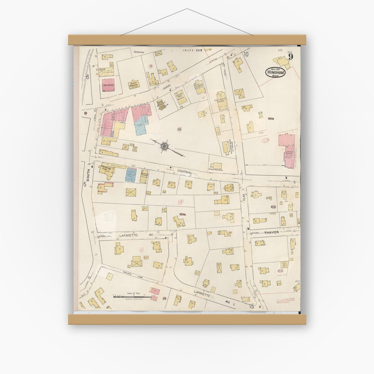 Old map wall art mockup — magnetic wood frame on white wall — Sanborn Fire Insurance Map from Hingham, Plymouth County, Massachusetts (1948), Sheet #0009