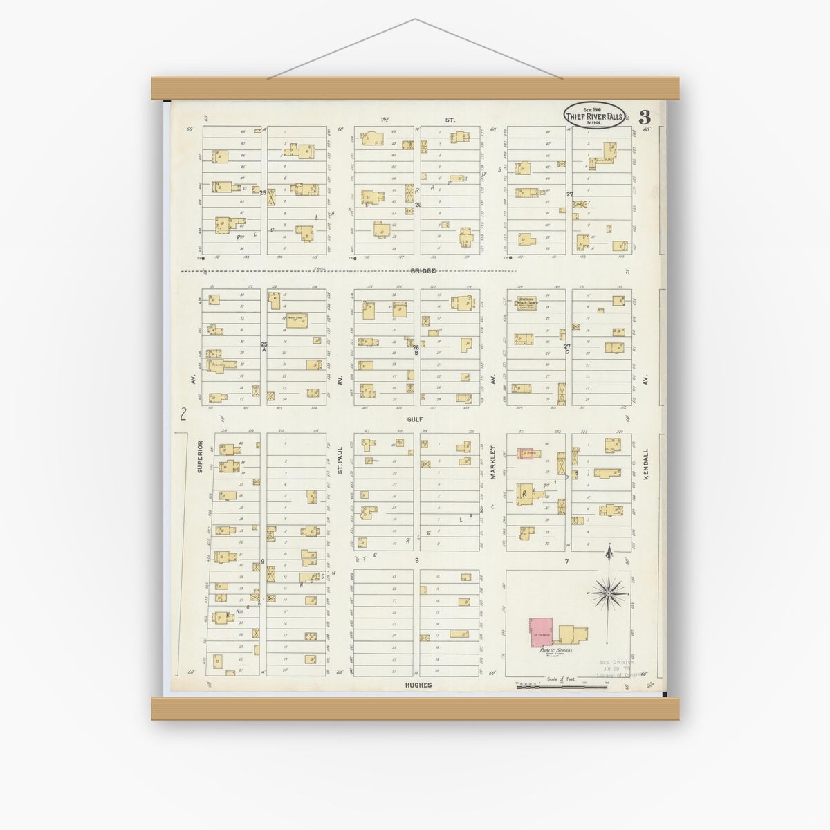 Old map wall art mockup — magnetic wood frame on white wall — Sanborn Fire Insurance Map from Thief River Falls, Pennington County, Minnesota (1906), Sheet #0003