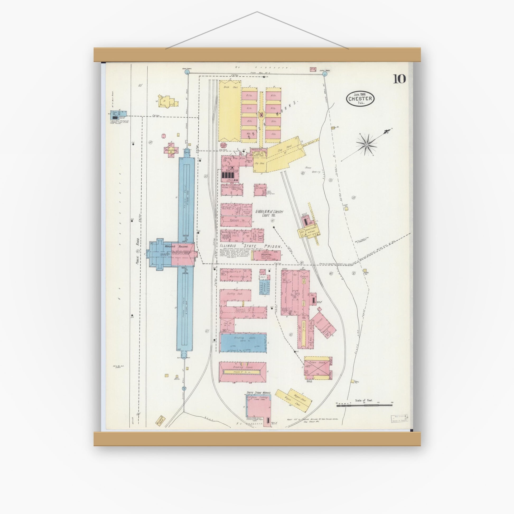 Old map wall art mockup — magnetic wood frame on white wall — Sanborn Fire Insurance Map from Chester, Randolph County, Illinois (1906), Sheet #0010