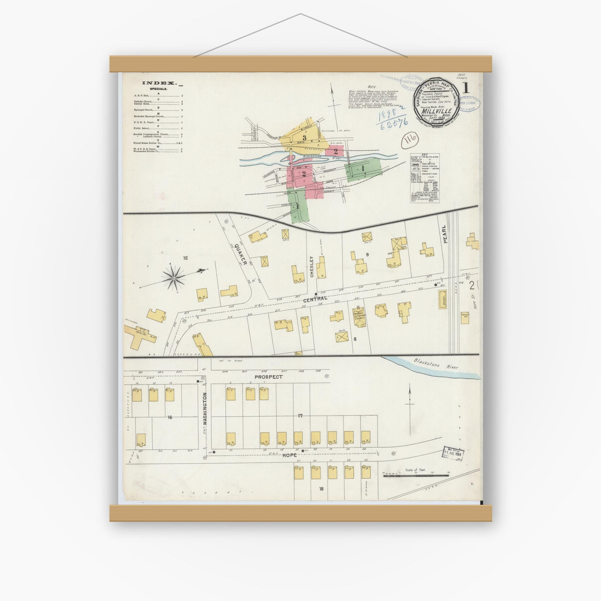 Old map wall art mockup — magnetic wood frame on white wall — Sanborn Fire Insurance Map from Millville, Worcester County, Massachusetts (1898), Sheet #0001