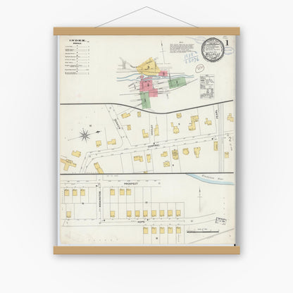 Old map wall art mockup — magnetic wood frame on white wall — Sanborn Fire Insurance Map from Millville, Worcester County, Massachusetts (1898), Sheet #0001
