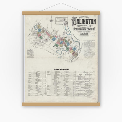 Old map wall art mockup — magnetic wood frame on white wall — Sanborn Fire Insurance Map from Arlington, Middlesex County, Massachusetts (1914) - Complete Map Set