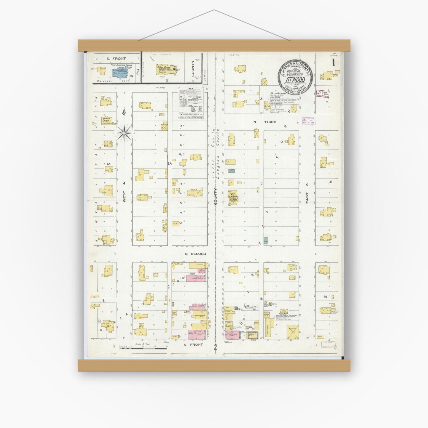 Old map wall art mockup — magnetic wood frame on white wall — Sanborn Fire Insurance Map from Atwood, Douglas And Piatt Counties, Illinois (1909) - Complete Map Set